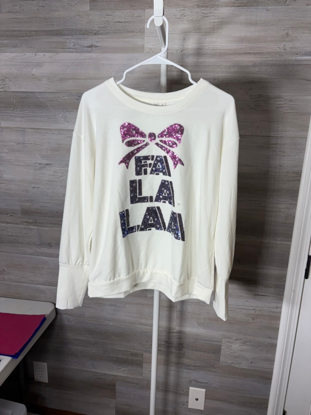 Cato White Sweatshirt with Pink Glitter Bow & Navy Glitter 'FA LA LA' 1257